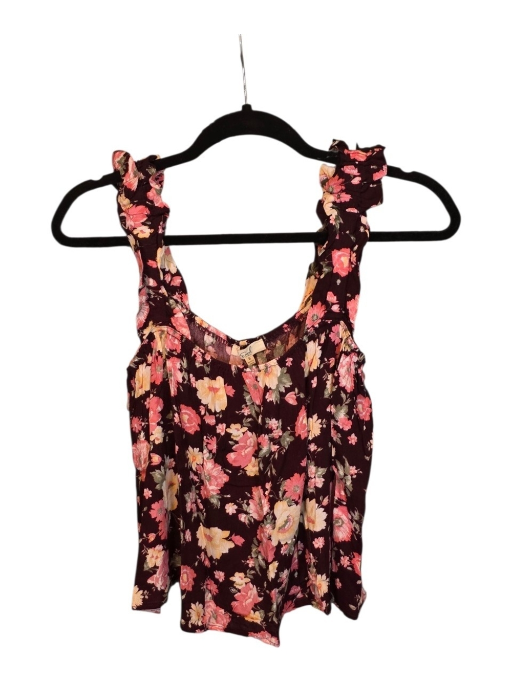 easel Floral Ruffle Tank Top in Burgundy with Pink and Cream Flowers